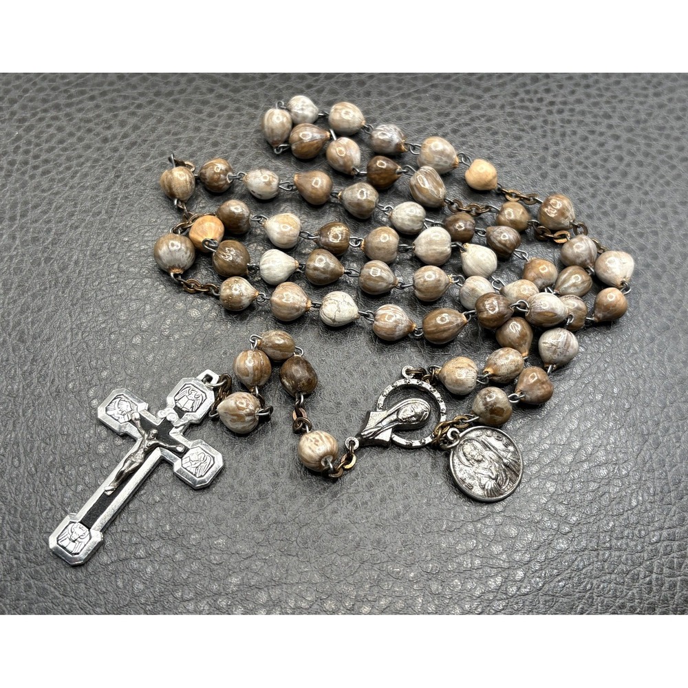 Vintage Catholic Religious Rosary Seed Beads Crucifix Cross Enamel Silver Tone